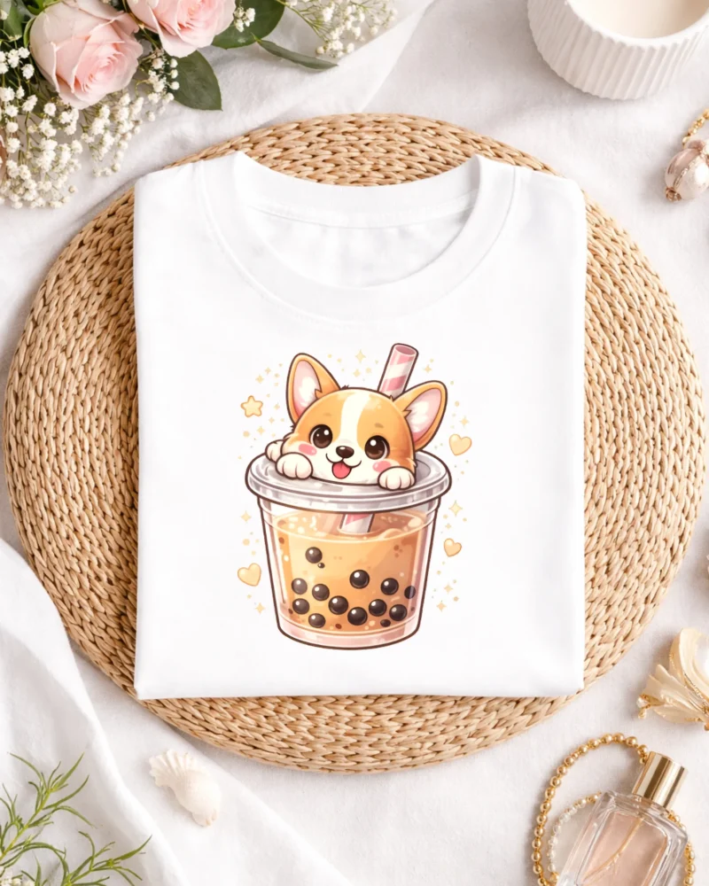 Corgi in a Bubble Tea Cup T-Shirt for Animal Lovers – Cute Dog Mom Gift Idea, Kawaii Boba Tee for Women Men, DTF Transfer Available