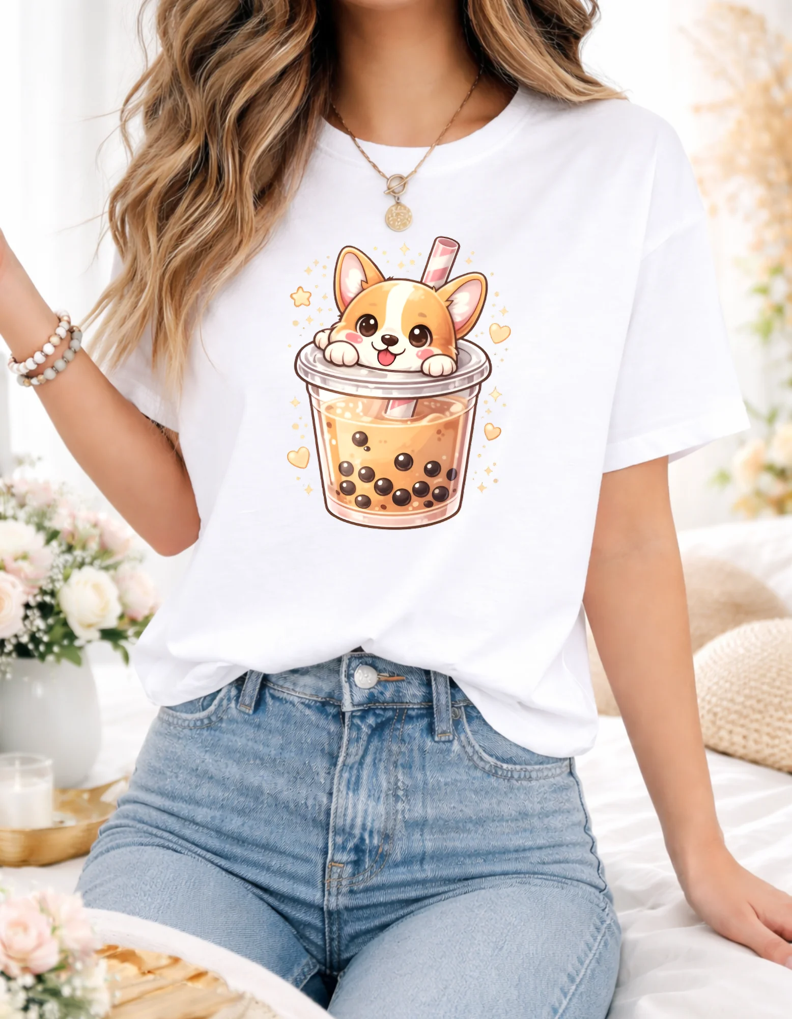 Corgi in a Bubble Tea Cup T-Shirt for Animal Lovers – Cute Dog Mom Gift Idea, Kawaii Boba Tee for Women Men, DTF Transfer Available
