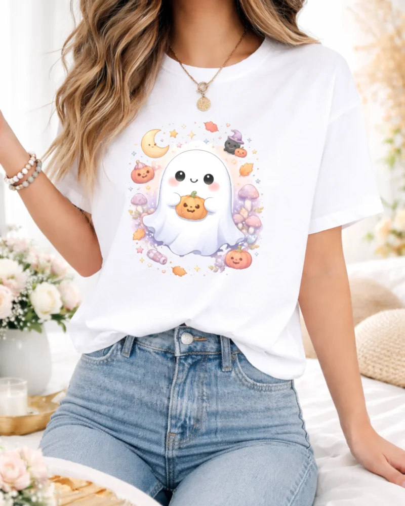 Cute Kawaii Ghost Pumpkin T-Shirt, Cozy Halloween Aesthetic for Her