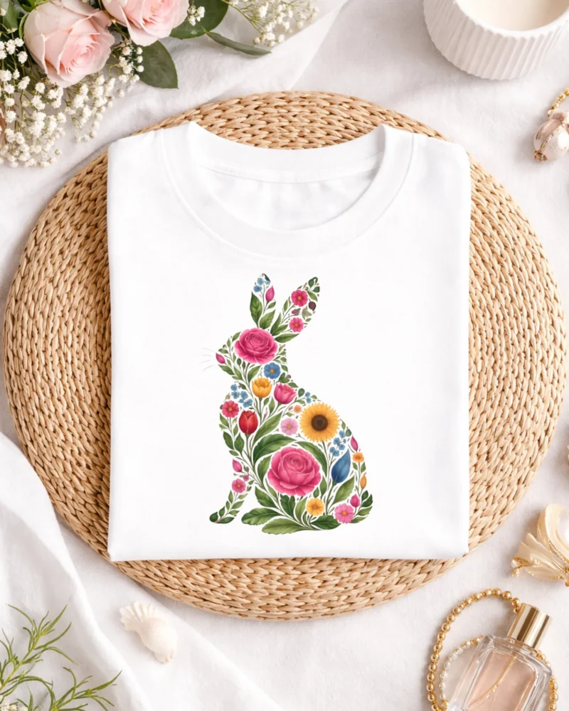 Floral Bunny Silhouette T-Shirt, Spring Garden Rabbit Tee for Women