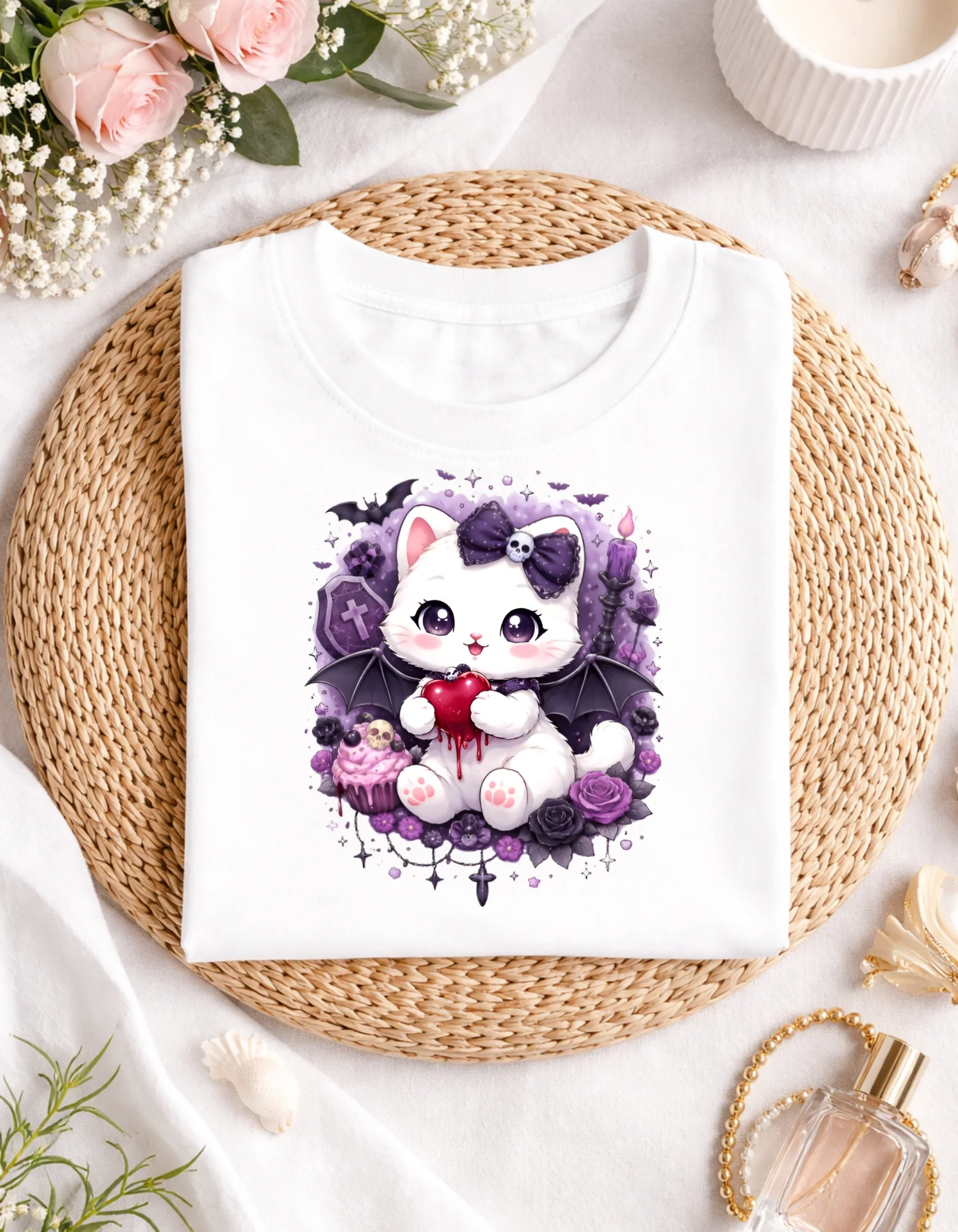 Gothic Kawaii Bat Kitty T-Shirt, Cute & Spooky Halloween Gift