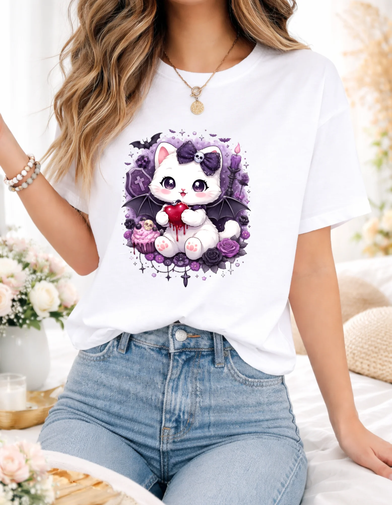 Gothic Kawaii Bat Kitty T-Shirt, Cute & Spooky Halloween Gift