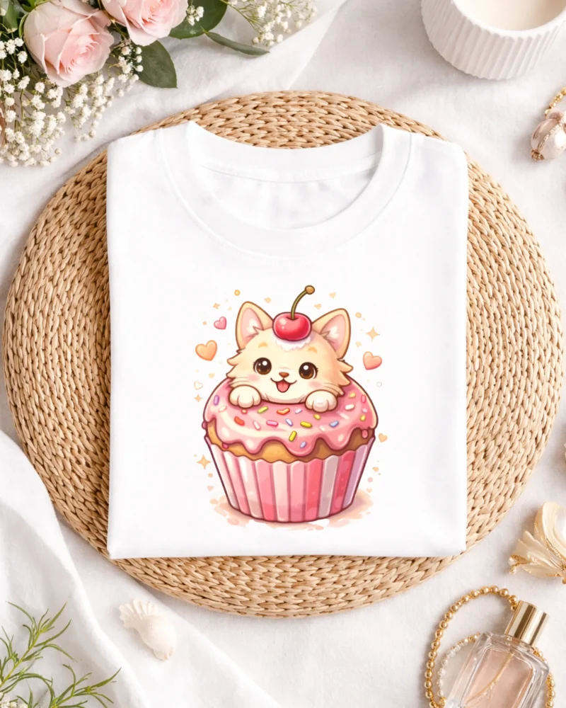 Kawaii Kitty Cupcake T-Shirt, Sweet Gift for Cat & Dessert Lovers