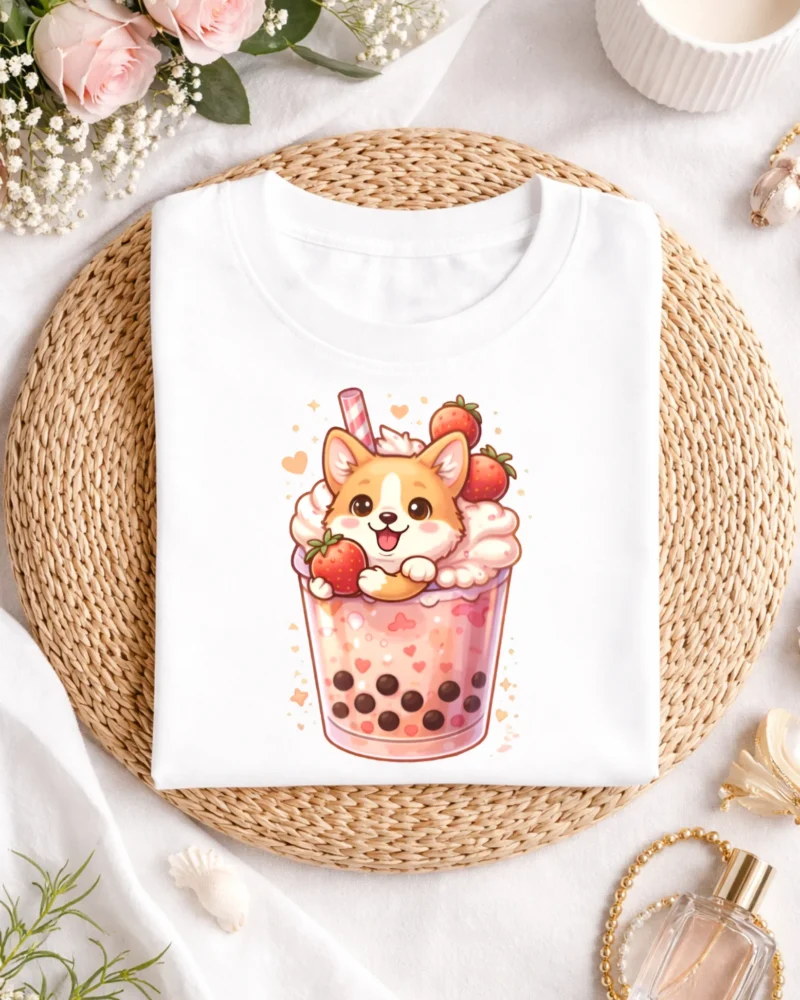Kawaii Corgi Strawberry Boba Tea T-Shirt, Cute & Cozy Gift