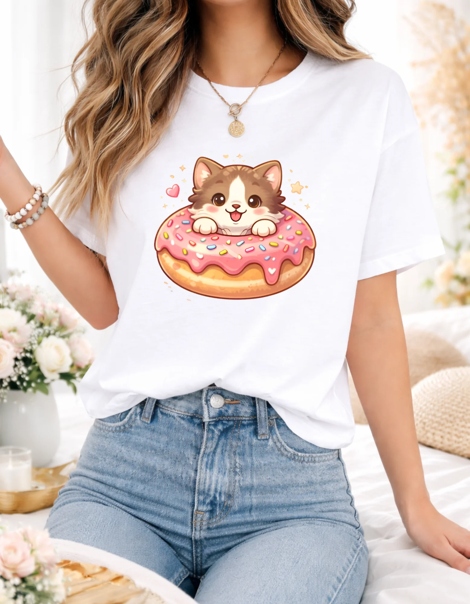 Kawaii Kitty Donut T-Shirt, So Cute Cat & Dessert Lovers Smile
