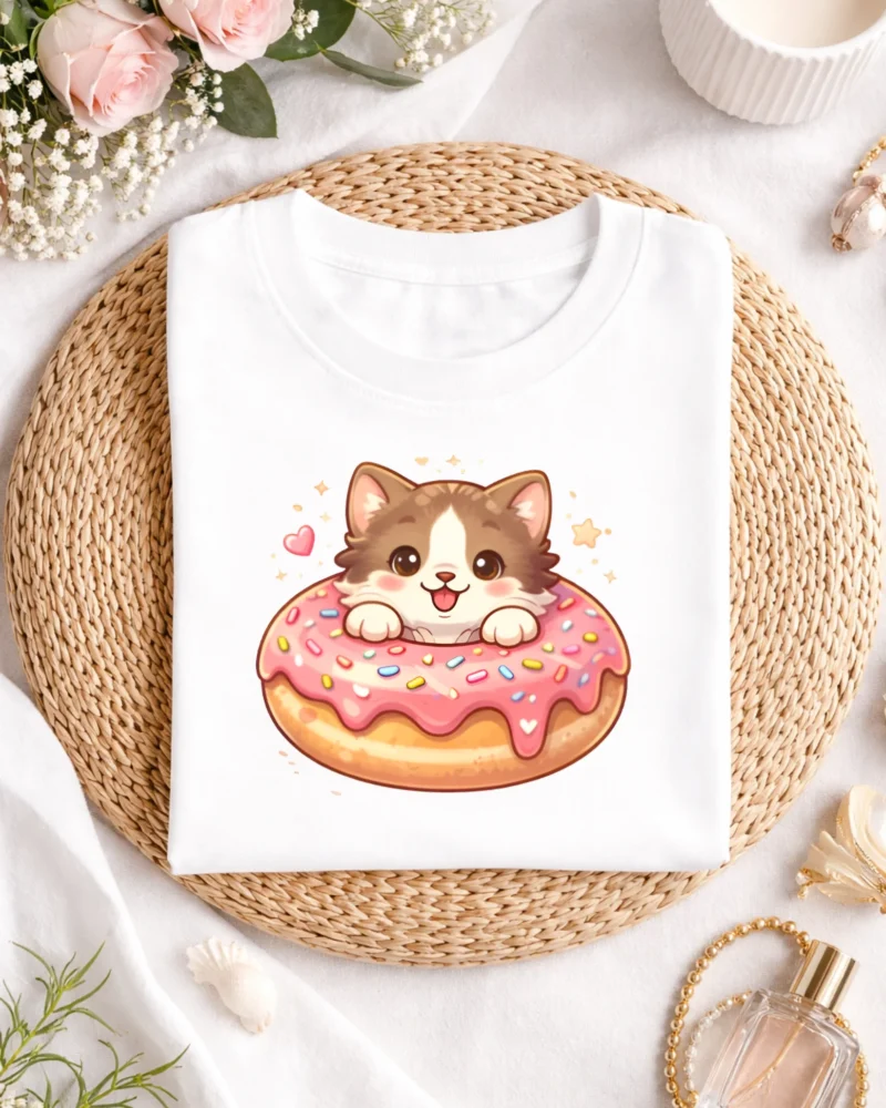 Kawaii Kitty Donut T-Shirt, So Cute Cat & Dessert Lovers Smile