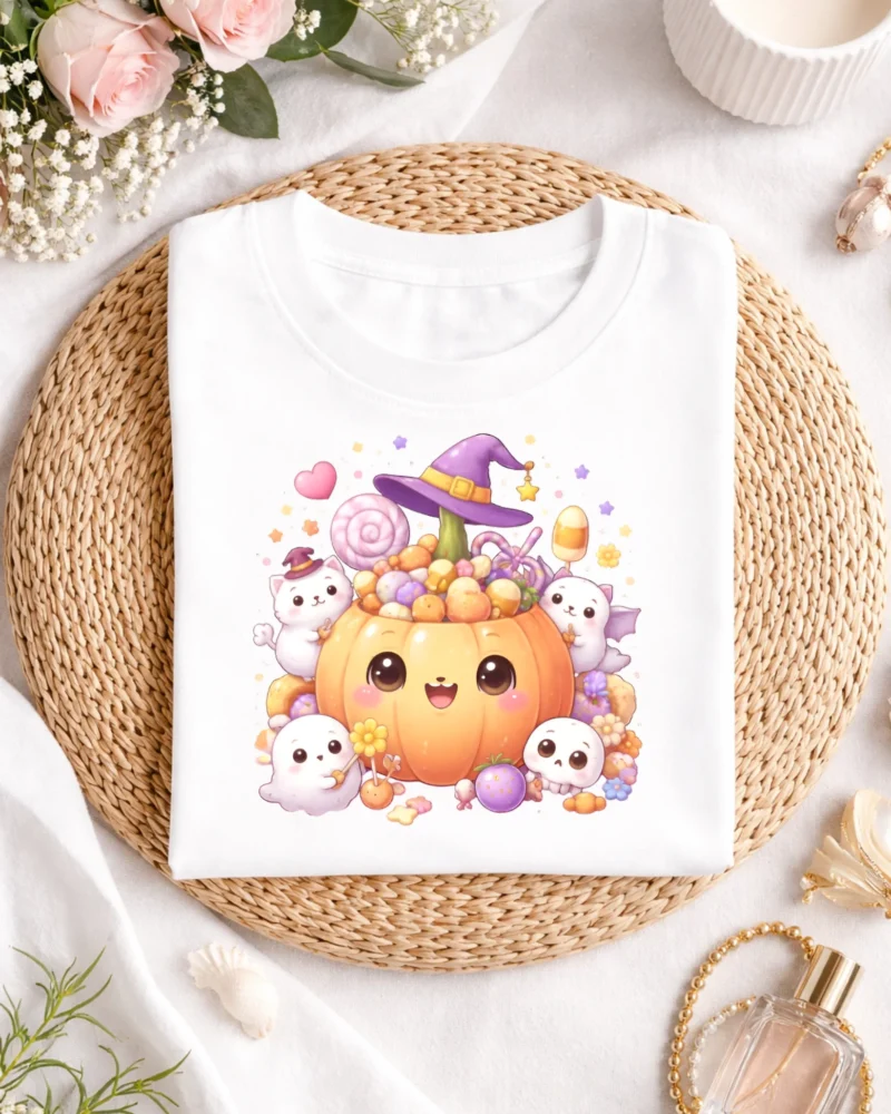 Kawaii Pumpkin T-Shirt, Cute Halloween Gift for Kids & Teens