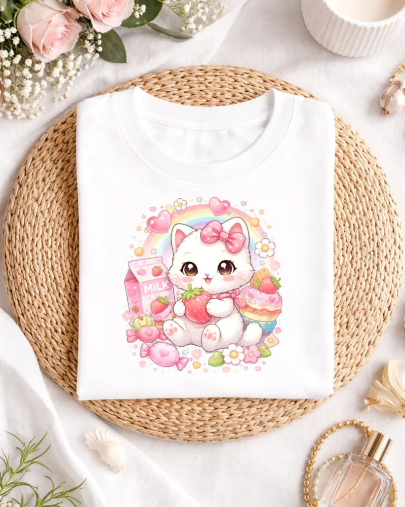 Sweet Strawberry Kawaii Kitty Tee, Cute Pastel T-Shirt for women