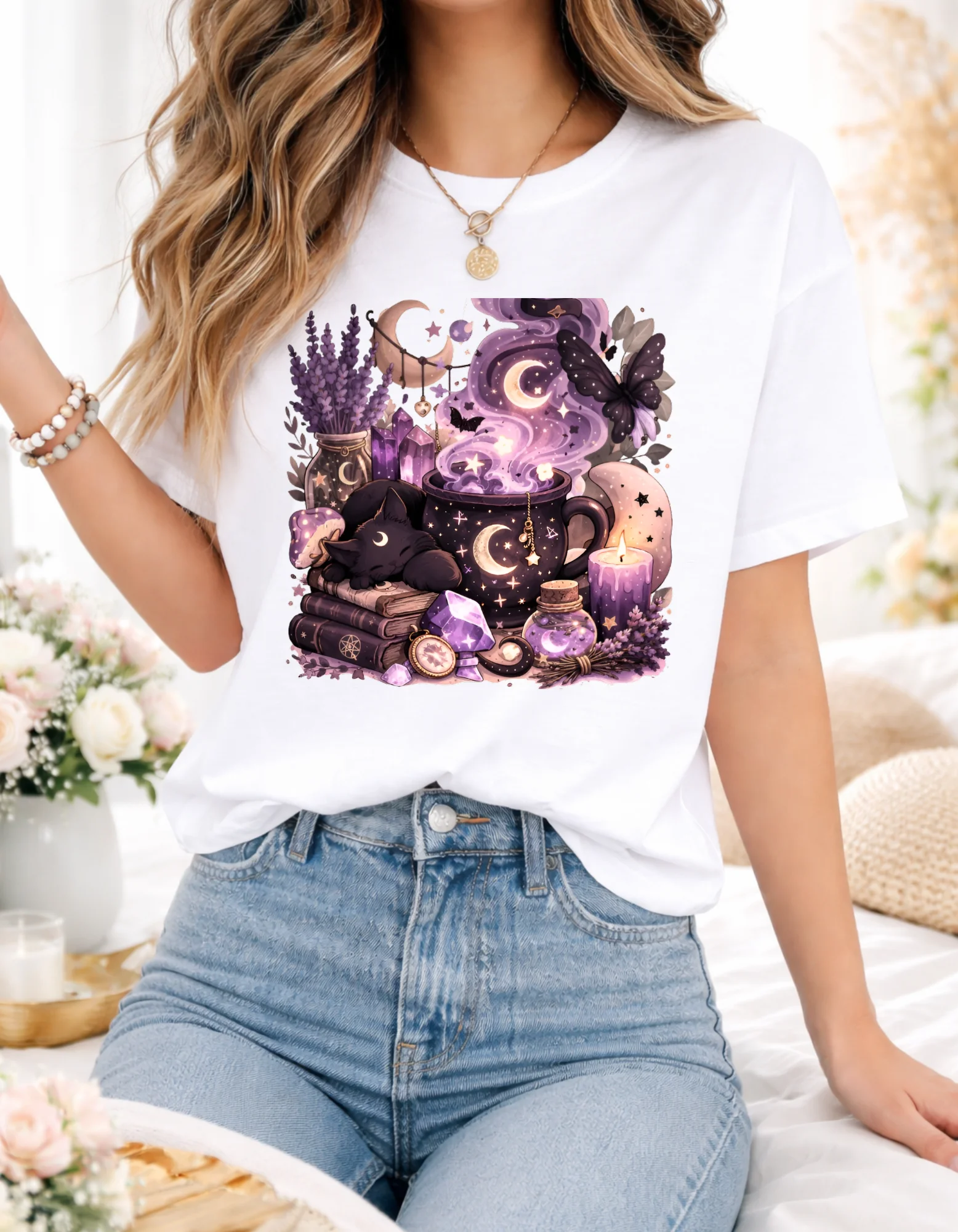 Witchy Moon Cat T-Shirt, Halloween Cozy Mystic Potion Gift