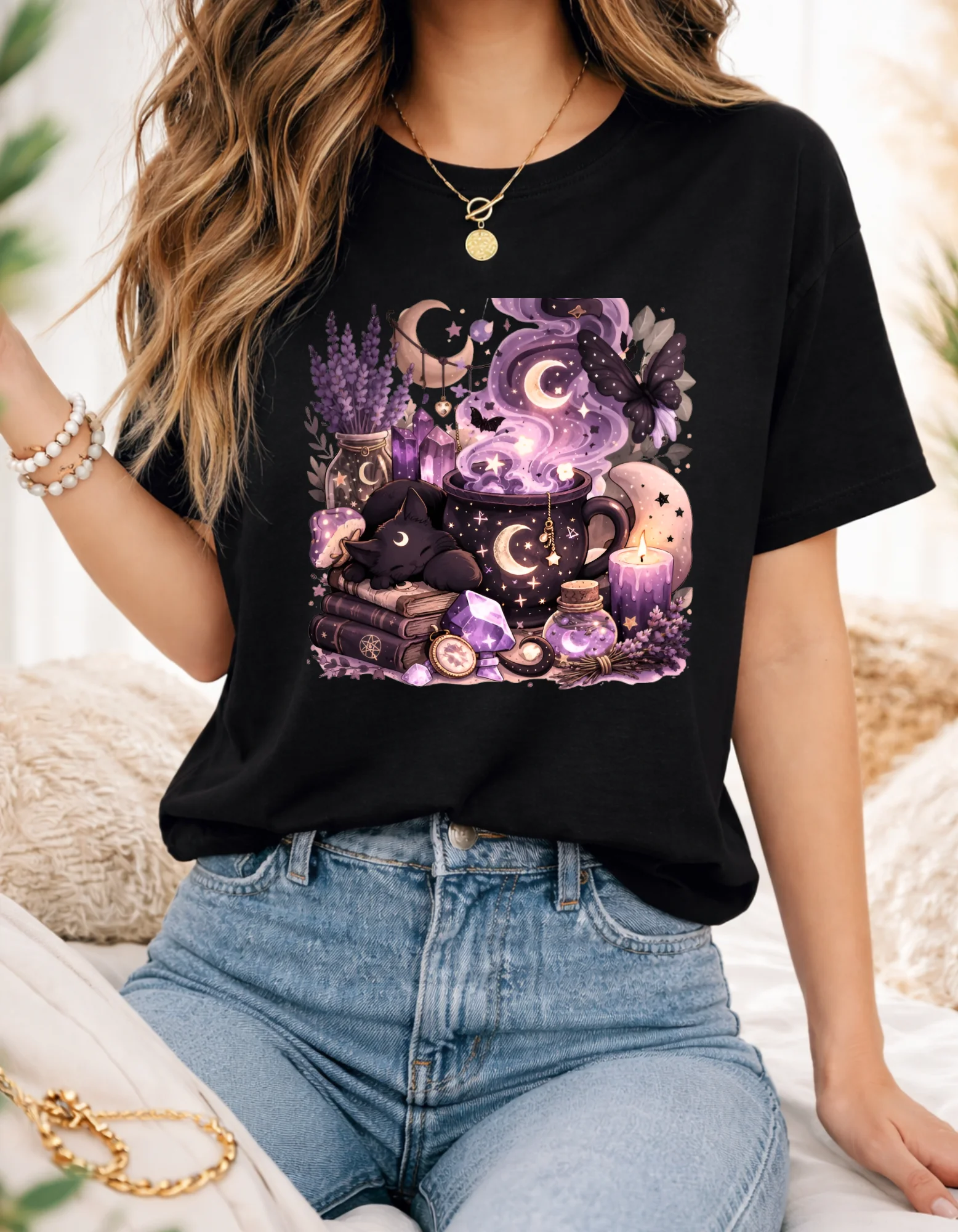 Witchy Moon Cat T-Shirt, Halloween Cozy Mystic Potion Gift