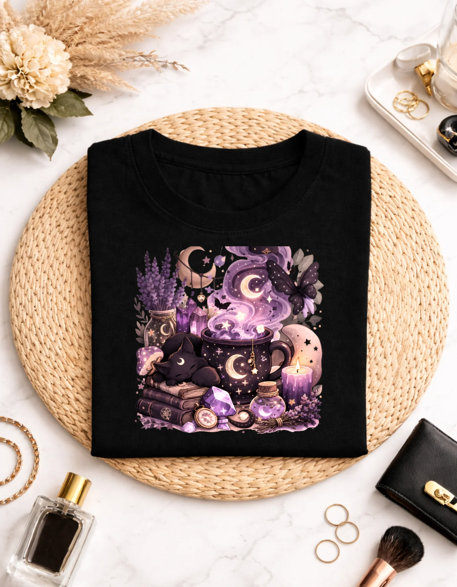 Witchy Moon Cat T-Shirt, Halloween Cozy Mystic Potion Gift