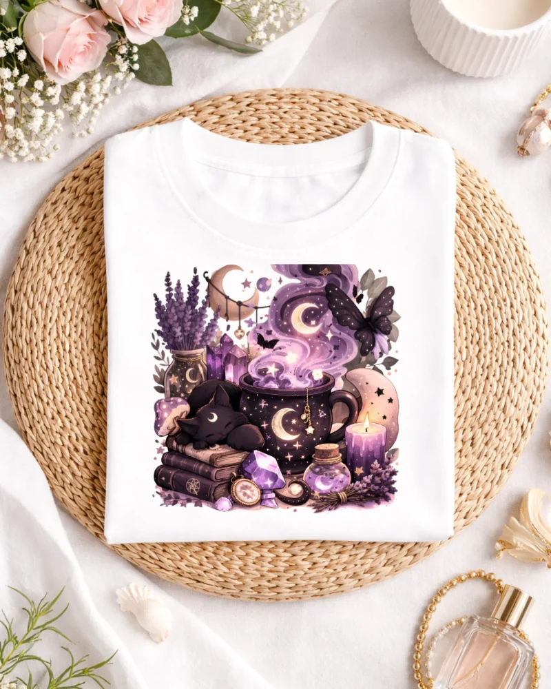Witchy Moon Cat T-Shirt, Halloween Cozy Mystic Potion Gift
